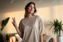 Woman wearing beige t shirt peace sign image Product Image 1