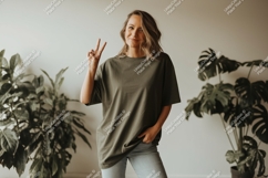 Woman peace sign green shirt image Product Image 1