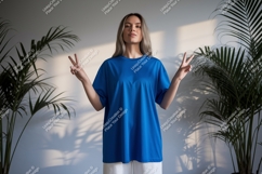 Woman wearing blue t shirt peace sign image Product Image 1