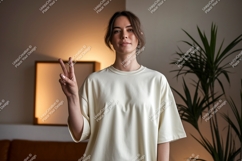 Woman peace gesture light shirt image Product Image 1