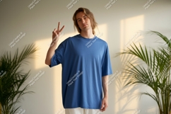 Young man wearing blue t shirt peace sign image Product Image 1