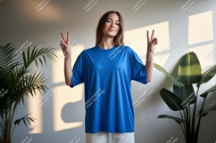 Woman wearing blue t-shirt peace sign image Product Image 1