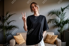 Woman wearing black t-shirt peace sign image Product Image 1