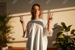 Woman peace sign casual white t shirt image Product Image 1