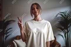 Woman peace gesture wearing cream t shirt image Product Image 1
