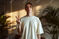 Woman peace gesture light shirt image Product Image 1
