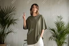 Woman wearing olive green t shirt peace sign image Product Image 1
