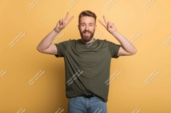 Man green shirt peace sign image Product Image 1