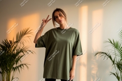 Woman wearing olive green t-shirt peace sign Product Image 1