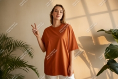 Woman wearing terracotta t shirt peace sign t-shirt Product Image 1