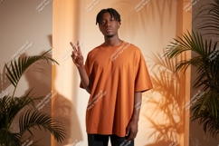 Man wearing orange t shirt peace gesture image Product Image 1