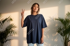 Woman wearing navy t shirt peace sign image Product Image 1