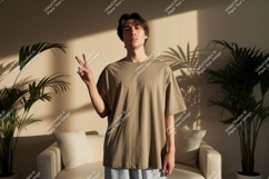 Young man peace gesture indoor t-shirt Product Image 1