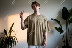 Young man peace sign khaki shirt image Product Image 1