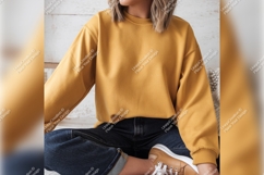 Woman Wearing Yellow Tshirt Mockup Sitting In Relaxed Product Image 1