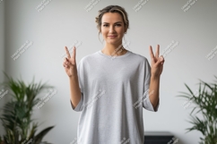Woman peace sign grey shirt image Product Image 1