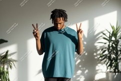 Man wearing teal t shirt peace sign image Product Image 1