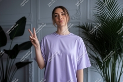 Woman peace sign lavender shirt mockup image Product Image 1