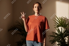 Woman wearing orange t-shirt and jeans peace Product Image 1