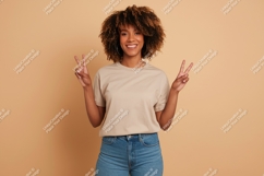 Woman peace sign gesture fingers casual Product Image 1