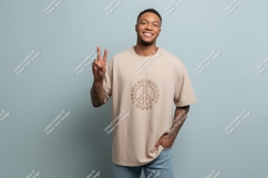 Man wearing beige t shirt peace sign image Product Image 1