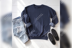 Dark Blue Sweatshirt Tshirt Mockup With Jeans And Sneakers Product Image 1