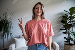 Woman wearing coral t shirt and jeans image Product Image 1