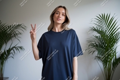 Woman wearing dark blue t shirt peace sign image Product Image 1