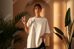 Woman wearing cream t shirt peace sign image Product Image 1