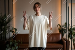 Woman wearing cream t shirt peace sign t-shirt Product Image 1