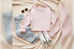 Pink Sweatshirt Apparel With Jeans And Sneakers Product Image 1