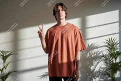Man wearing terracotta t shirt peace sign male Product Image 1
