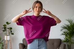 Woman wearing magenta t-shirt and denim jeans image Product Image 1