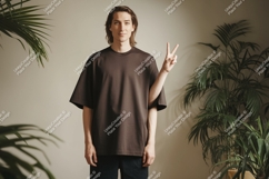 Man wearing brown t shirt peace sign Product Image 1