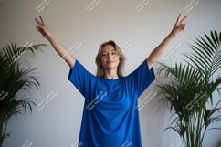 Woman blue shirt peace sign image Product Image 1