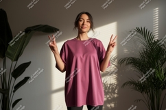 Woman wearing purple t shirt peace sign image Product Image 1
