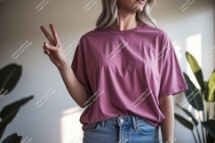 Woman wearing pink t shirt and jeans t-shirt peace Product Image 1
