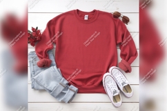 Red Sweatshirt Tshirt Mockup With Jeans Sneakers Product Image 1