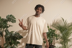 Man wearing beige t shirt peace sign image Product Image 1