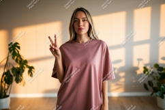 Woman peace gesture dusky rose t shirt mockup image Product Image 1