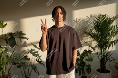Man peace sign dark shirt indoor plants image Product Image 1