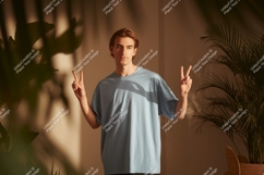Young Man Peace Gesture Blue T Shirt image Product Image 1