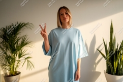Woman wearing light blue t shirt peace sign image Product Image 1