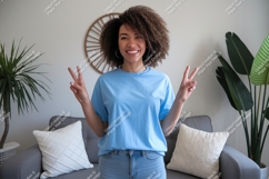 Woman wearing blue t shirt peace sign t-shirt Product Image 1
