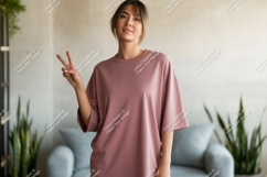 Woman wearing pink t shirt peace sign image Product Image 1