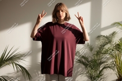 Woman wearing maroon t shirt peace sign image Product Image 1