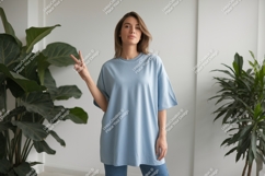 Woman wearing blue t shirt peace sign image Product Image 1