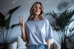 Woman wearing casual blue t shirt and jeans image Product Image 1