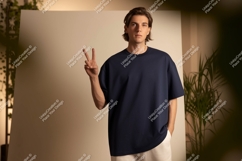Young man navy t shirt peace gesture image Product Image 1