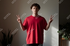 Young man red shirt peace sign male person Product Image 1